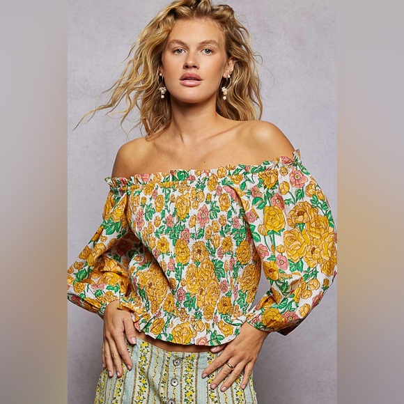 POL Tops - POL Floral Print Off-Shoulder Smocked Blouse